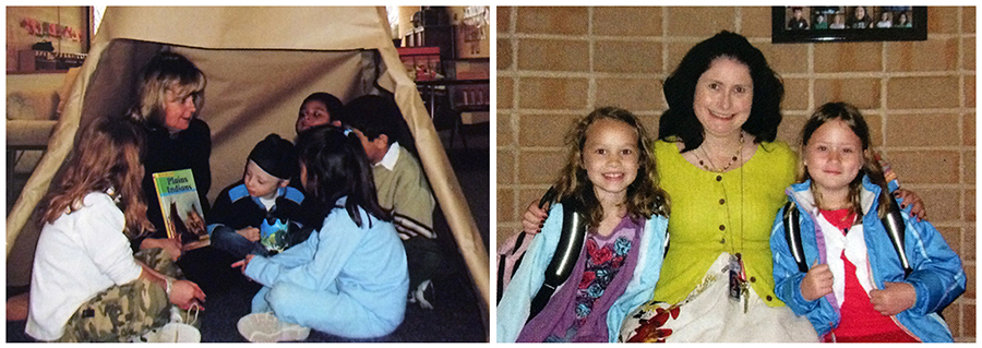 Yearbook photographs of principals Elaine Wellner and Kimberly Willison. On the left is a photograph of Wellner, from 2006. She is seated in a teepee that has been set up in a classroom and is reading a book entitled Plains Indians to a group of five students. The photograph of Willison was taken in 2013. She is seated on a bench with her arms around two smiling students. 